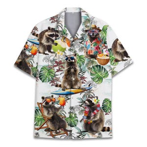 Tropical Raccoon Hawaiian Shirt for Men Women Youth, Raccoon with Surfboard, Short Sleeve Button Down Aloha Shirt, Beach Summer Shirt
