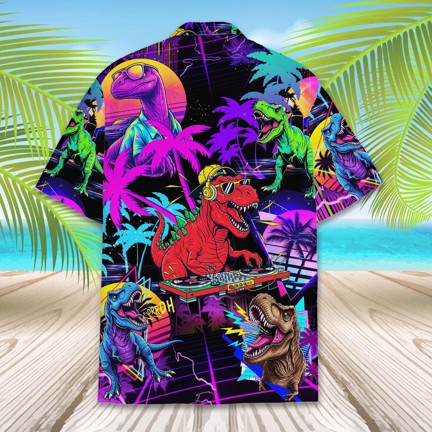 DJ Dinosaur Hawaiian Shirt Men Women Youth, Neon T Rex Party