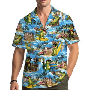 Krokodil pirat surfing hawaiiansk skjorta herr kvinnor, tropisk strand alligator buttondown-skjorta, rolig sommarsemester ö-skjorta