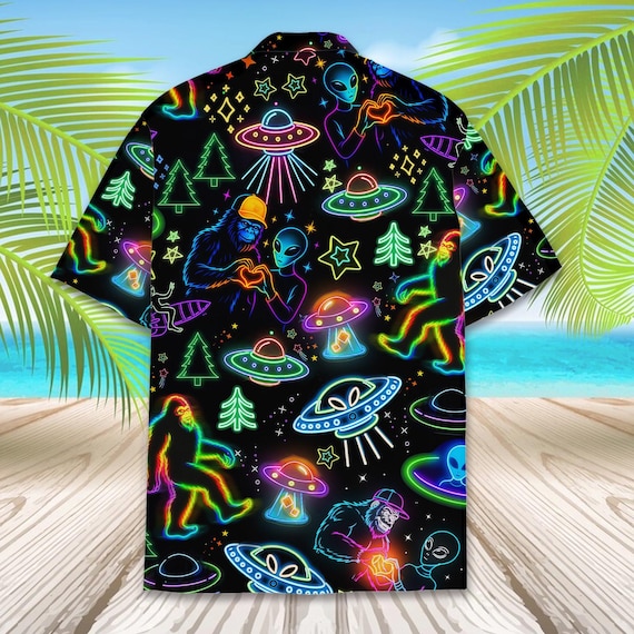 Neon Bigfoot and Alien Hawaiian Shirt Men Women Youth, Bigfoot