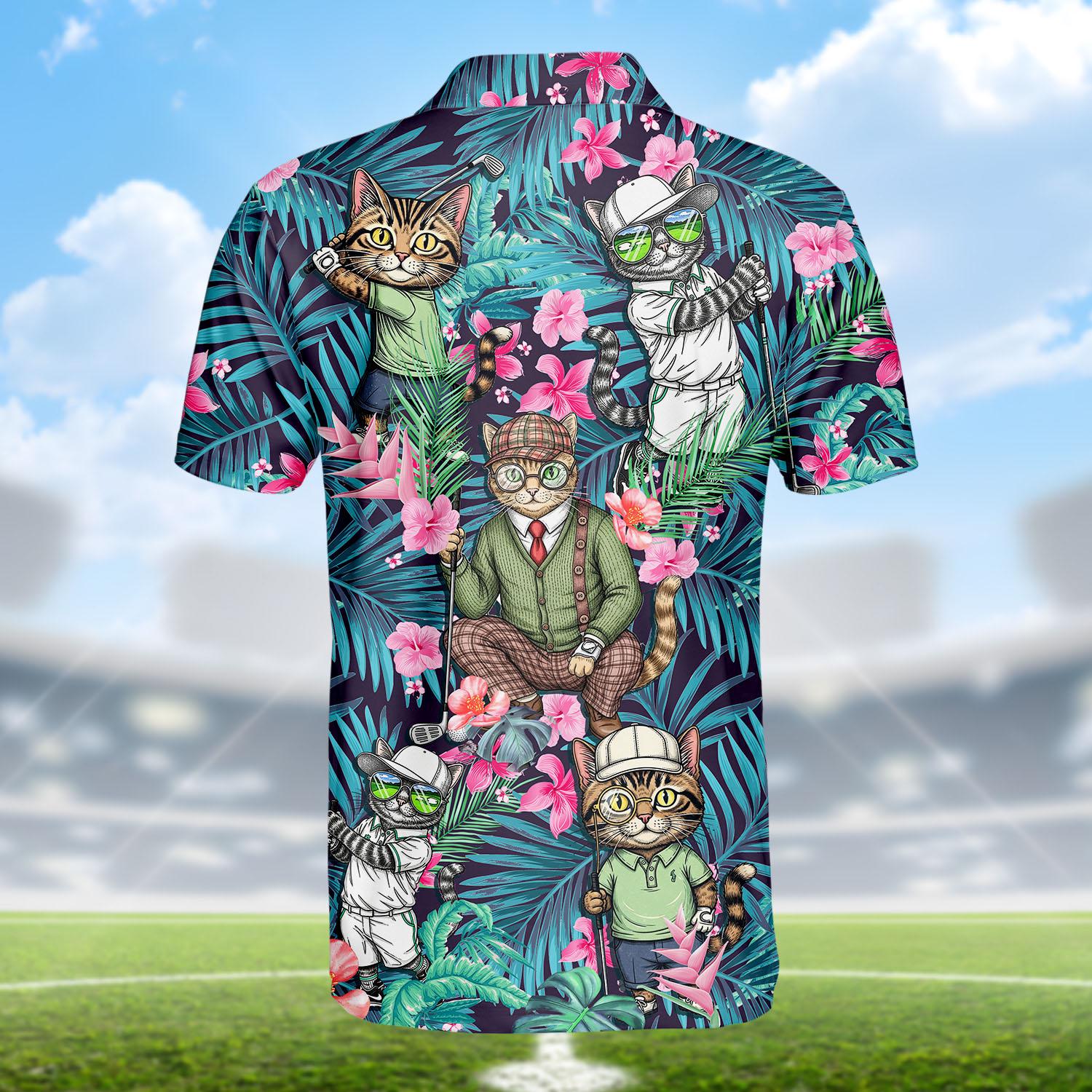 Funny Cat Golf Polo Shirt for Men Women, Tropical Hibiscus Golfing