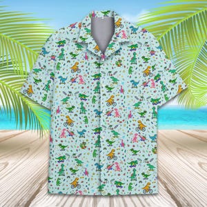 Funny Retro Dinosaur Hawaiian Shirt for Men Women Youth, Playful Cartoon Dino Summer Shirt, Colorful Short Sleeve Vacation Button Down