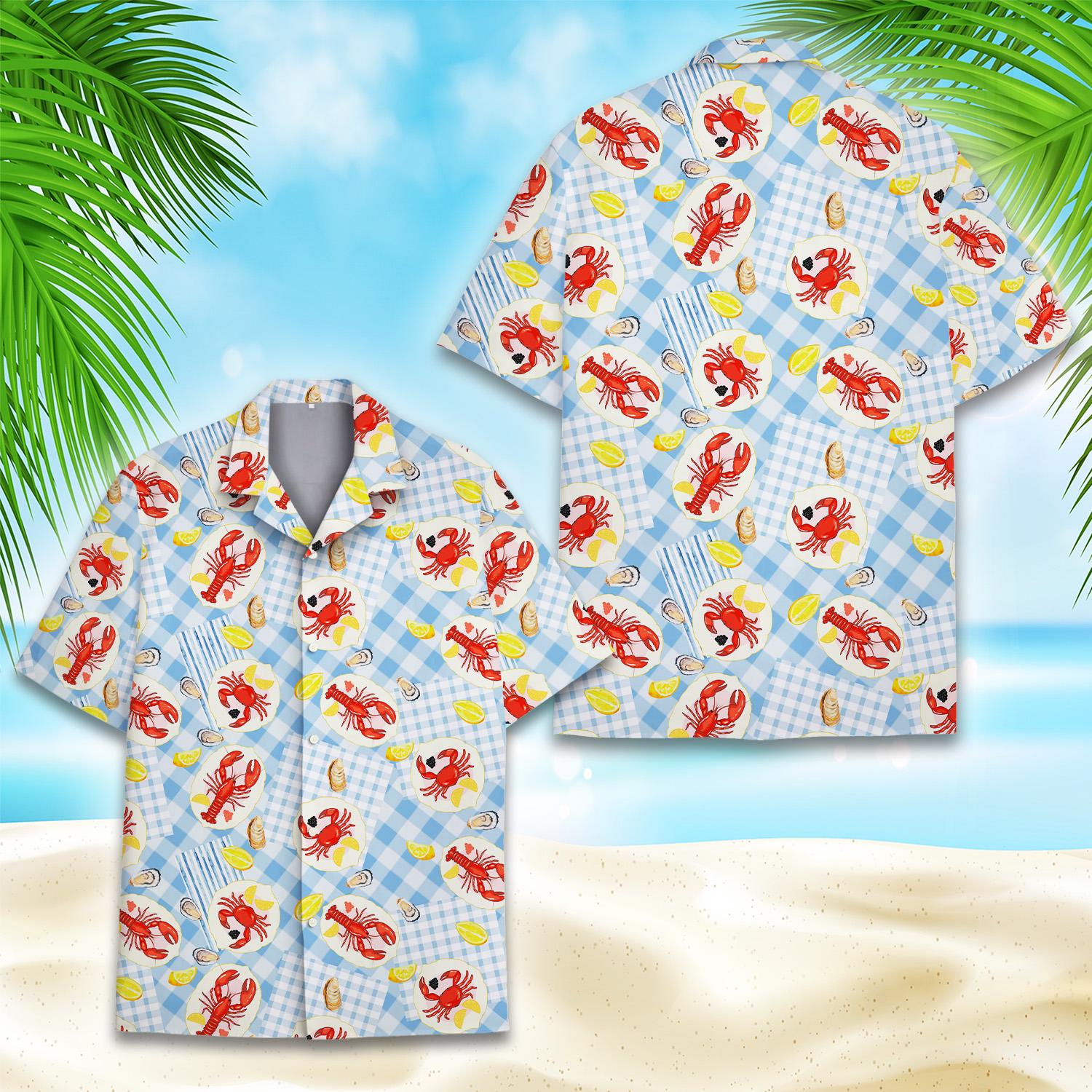 Discover Lobster & Crab Hawaiian Shirt, Seafood Print Casual Short Sleeve Aloha Shirt, Summer Vacation Beach Shirt