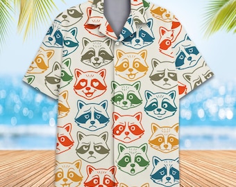Camisa havaiana colorida de guaxinim, masculina, feminina e jovem, camisa engraçada de guaxinim, camisa de guaxinim com botões, camisa de verão e praia, manga curta com botões