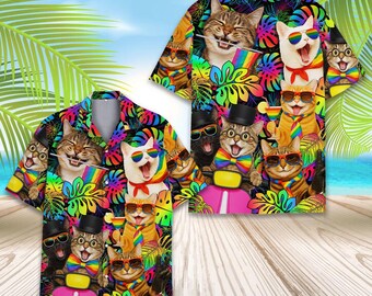 Rainbow Cat Hawaiian Shirt for Men Women Youth, Funny Pride Cats