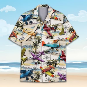 Vintage Airplane Hawaiian Shirt Men Women Youth, Retro Propeller Plane Shirt with Tropical Island Palm Tree Print, Aviation Button Up Shirt