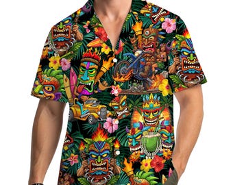 Colorful Tribal Mask Hawaiian Shirt for Men Women Youth, Tiki Aloha Shirt, Summer Beach Short Sleeve Button Down