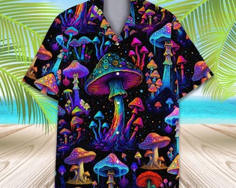 Peut inclure: Une chemise à manches courtes boutonnée avec un imprimé psychédélique intégral représentant divers champignons dans des tons néon de bleu, violet, rose et orange sur un fond noir, dotée d'un col classique et d'un ourlet droit.