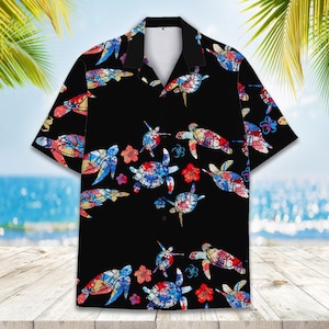 American Flag Sea Turtle Hawaiian Shirt Men Women Youth, Patriotic Aloha Shirt, 4th of July Shirt Button Down Short Sleeve, USA Flag Shirt
