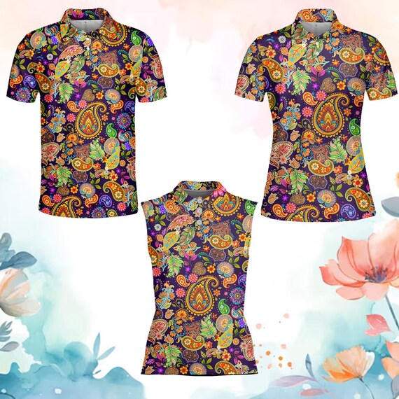 Paisley Golf Polo Shirt for Women Men, Colorful Floral Vintage