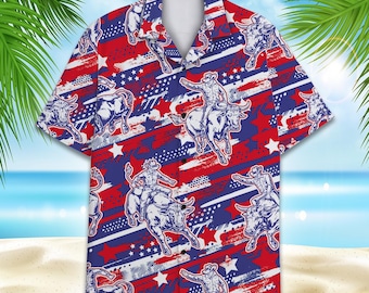 Patriotic Cowboy Hawaiian Shirt Men Women Youth,  4th of July Shirt, USA Flag Shirt, Celebration Shirt for American day
