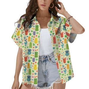 Colorful Tiki Hawaiian Shirt for Women, Cute Tropical Pineapple Cocktail Shirt Short Sleeve, Fun Summer Luau Beach Aloha Button Up Shirt
