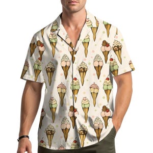 Ice Cream Hawaiian Shirt for Men Women Youth, Fun Dessert Button Down Summer Shirt, Cute Food Print Vacation Shirt, Summer Beach Shirt