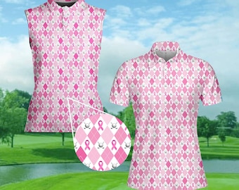 Breast Cancer Awareness Pink Golf Polo Shirt for Women, Funny Pink Ribbon Pattern Golf Shirt, October Awareness Outfit
