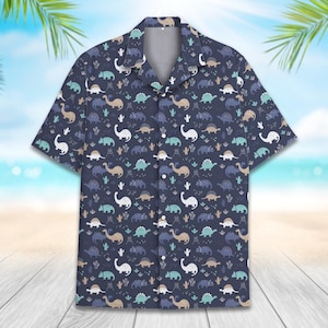 Cute Dinosaur Hawaiian Shirt for Men Women Youth, Vintage Dino Short Sleeve Button-Up Shirt, Fun Prehistoric Shirt, Summer Casual Outfit