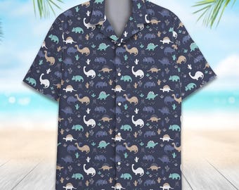 Cute Dinosaur Hawaiian Shirt for Men Women Youth, Vintage Dino Short Sleeve Button-Up Shirt, Fun Prehistoric Shirt, Summer Casual Outfit