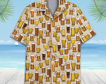 Beer Hawaiian Shirt For Men Women, Funny Beer Glass Shirt Button-Up, Summer Shirt Short Sleeve for Beer Lovers, Party & Vacation Vibes
