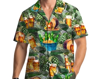 Hawaiiaans shirt bierliefhebber voor mannen vrouwen, tropisch bier print button-down shirt, grappig shirt zomervakantie feest, cadeau voor hem