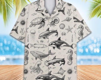 Vintage Sea Animal Hawaiian Shirt Men Women Youth, Marine Life Shirt Button Down, Tropical Summer Beach Vacation Shirt Short Sleeve