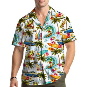 Alien Surfing Hawaiian Shirt Men Women Youth,  Funny Surfer Aloha Shirt , Summer Tropical Beach Button Down Short Sleeve