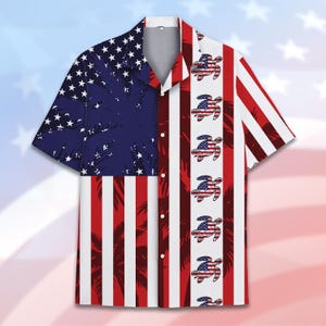 American Flag Sea Turtle Hawaiian Shirt Men Women Youth, Patriotic Aloha Shirt, 4th of July Shirt Button Down Short Sleeve, USA Flag Shirt