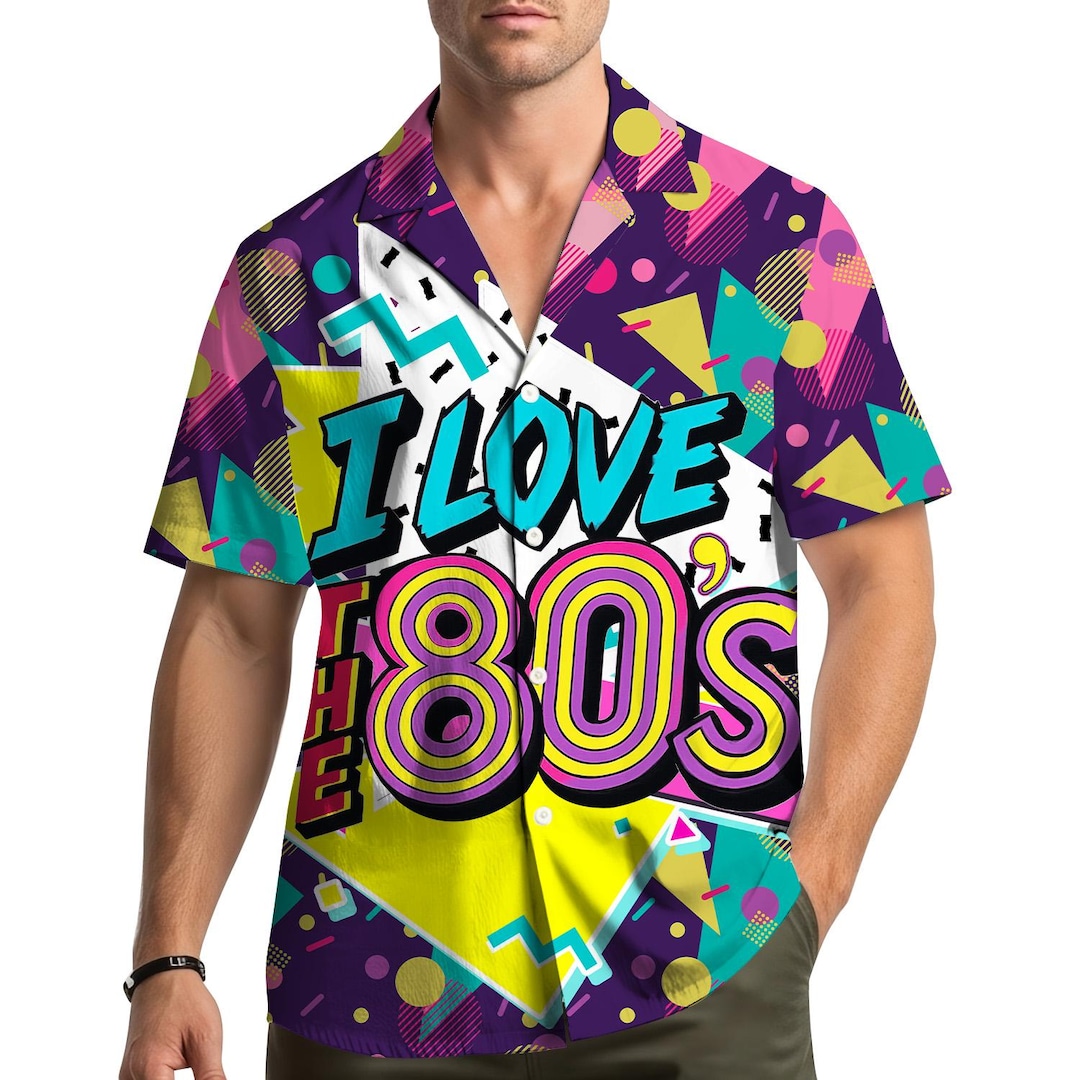 Retro 80s Hawaiian Shirt Men Women Youth, Vintage Neon Shirt
