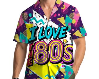 Camisa hawaiana retro de los 80 para hombre, mujer y joven, camisa vintage neón con botones, camisa de fiesta disco divertida, top colorido para vacaciones de verano estilo años 80