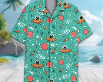 Camisa hawaiana retro de gato espacial para hombres, mujeres y jóvenes. Divertida camisa aloha con diseño de gato extraterrestre en ovni. Camisa vintage de verano con botones y diseño de galaxia.