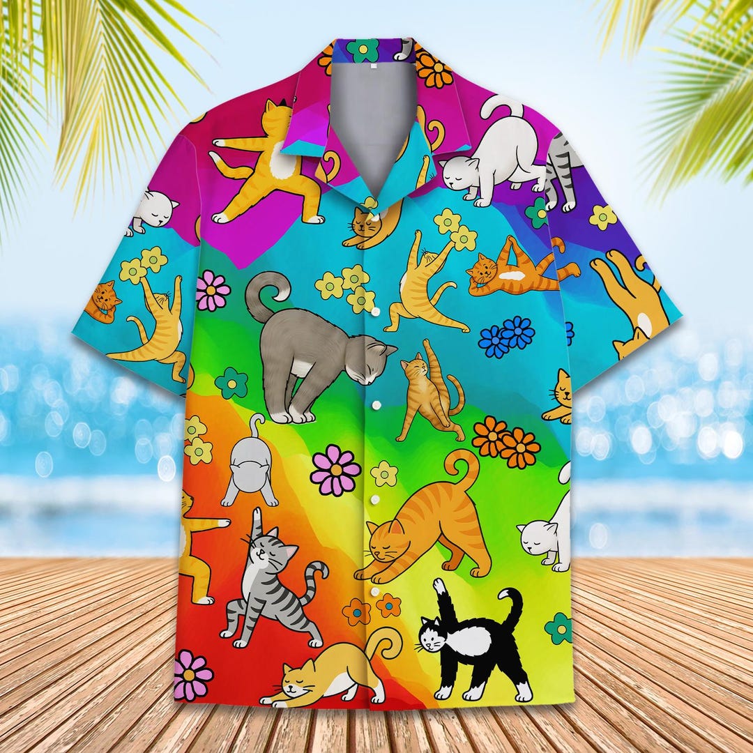 Funny Cat Yoga Hawaiian Shirt for Men Women Youth, Rainbow Cat