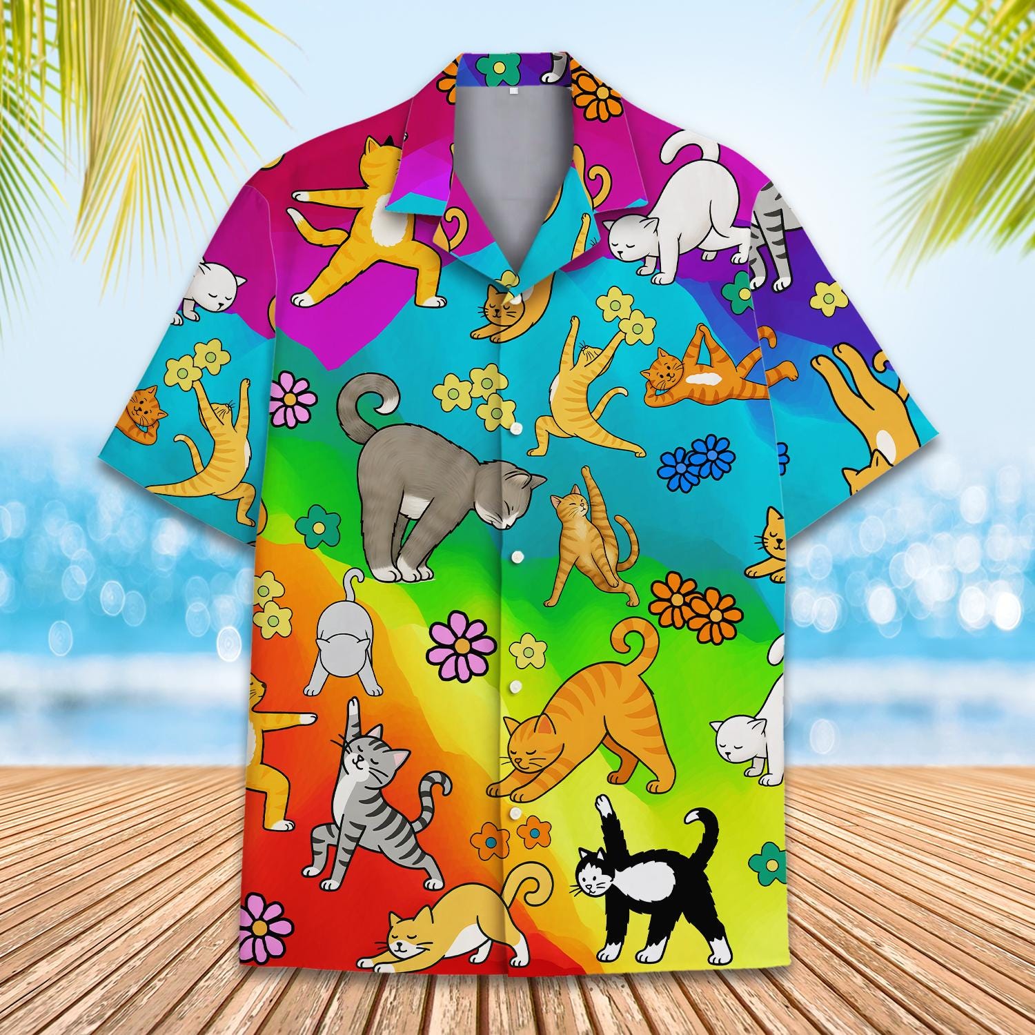 Funny Cat Yoga Hawaiian Shirt for Men Women Youth, Rainbow Cat
