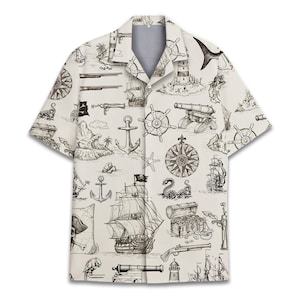 Vintage Nautische Hawaiihemd Männer Frauen Jugend, Piratenschiff Aloha Shirt, Retro Ocean Map Kurzarm-Shirt, Sea Adventure Shirt