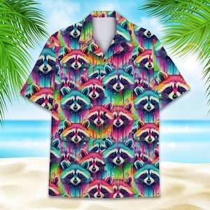 Colorful Raccoon Hawaiian Shirt for Men Women Youth, Tropical Raccoon Print, Summer Beach Shirt Button Down, Funny Animal Lover Gift