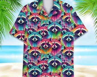Camisa havaiana colorida de guaxinim para homens, mulheres e jovens, estampa tropical de guaxinim, camisa de praia de verão com botões, presente engraçado para amantes de animais