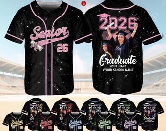 Custom Glitter Senior 2026 Baseball Jersey, Personalized Name & Photo 2026 Graduate Shirt, Graduation 2026 Jersey, Senior 2026 Gifts
