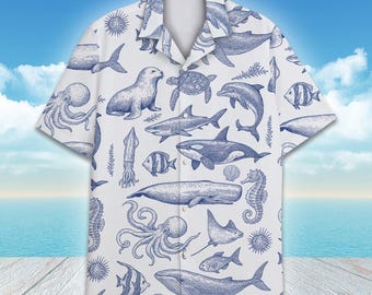 Ocean Animal Hawaiian Shirt Men Women Youth, Vintage Marine Life Shirt, Tropical Sea Life Summer Shirt, Beach Vacation Button Down
