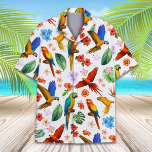 Camicia hawaiana con pappagallo tropicale, uomo, donna e ragazzo, camicia Aloha da spiaggia con pappagallo floreale, camicia con bottoni a manica corta con pappagallo, abiti per feste Luau