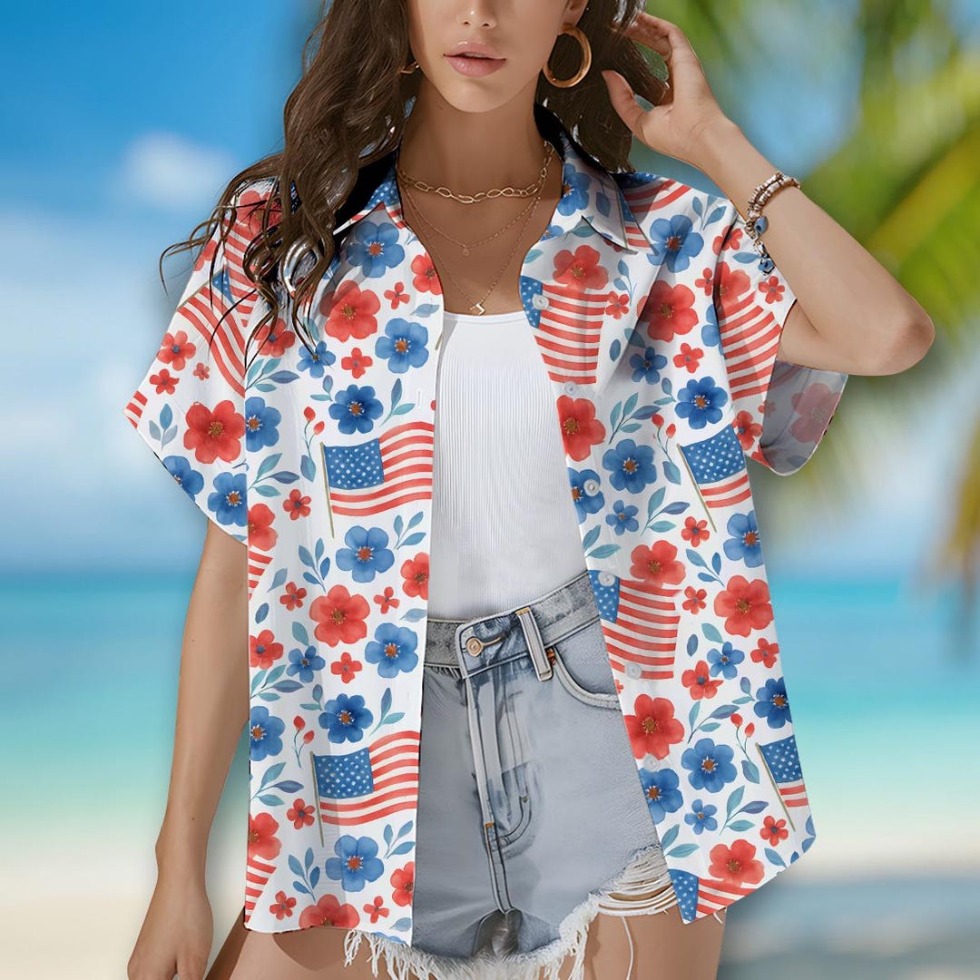 Patriotic Floral Hawaiian Shirt for Women, 4th of July Aloha Shirt