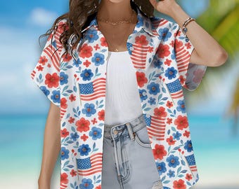 Patriotyczna kwiatowa koszula hawajska dla kobiet, koszula Aloha 4 lipca, koszula z krótkim rękawem i guzikami z flagą USA, koszula z okazji Dnia Niepodległości