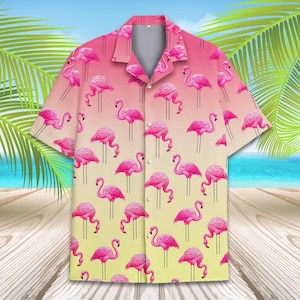 Funny Flamingo Hawaiian Shirt for Men Women, Pink Bird Tropical Beach Shirt, Summer Vacation Aloha Party Button Down Shirt Short Sleeve