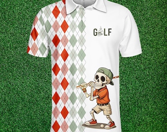 Skeleton Golf Polo Shirt for Men Women, Funny Argyle Golfer Shirt Button Up, Cool Golf Polo Top, Unique Golf Gift for Dad, Summer Sportswear