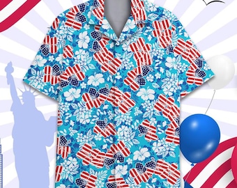 Tropisches Vaterländisches Hawaii-Hemd Männer Frauen Jugend, 4. Juli Button-Down-Kurzarm, Hemd mit amerikanischer Flagge, Outfit zum Unabhängigkeitstag