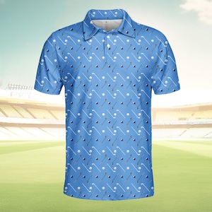 Blue Golf Polo Shirt for Men Women, Fun Shirt with Golf Clubs and Balls Print, Sporty Golf Gift for Dad, Golfer Gift Shirt Button Up