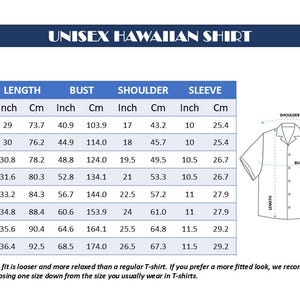Peut inclure: Un tableau des tailles pour une chemise hawa&iuml;enne unisexe avec des mesures en pouces et en centim&egrave;tres pour les tailles S &agrave; 5XL. Le tableau comprend des colonnes pour la longueur, le buste, l'&eacute;paule et la manche, ainsi qu'un dessin de chemise.