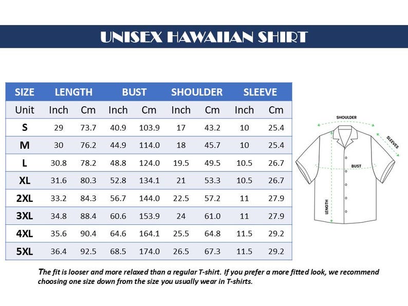 Peut inclure: Un tableau des tailles pour une chemise hawa&iuml;enne unisexe avec des mesures en pouces et en centim&egrave;tres pour les tailles S &agrave; 5XL. Le tableau comprend des colonnes pour la longueur, le buste, l'&eacute;paule et la manche, ainsi qu'un dessin de chemise.