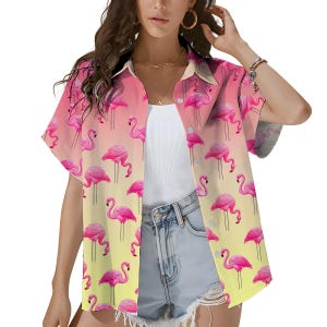 Pink Floral Flamingo Hawaiian Shirt for Women, Cute Tropical Pink Bird Print, Summer Vacation Shirt Button Down Short Sleeve