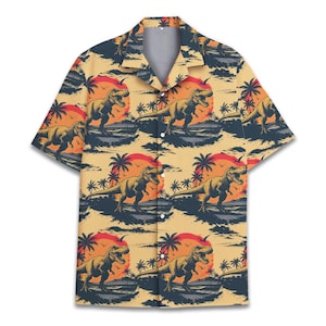 Retro Dinosaur Hawaiian Shirt for Men Women Youth, T-Rex Sunset Beach Shirt, Vintage Jurassic Aloha Short Sleeve Summer Button Down