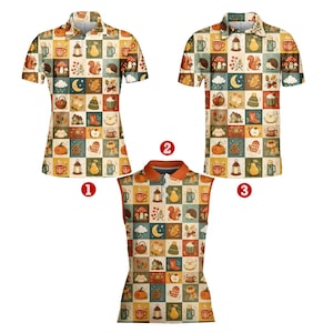 Autumn Patchwork Polo Shirt for Men Women Youth, Woodland Animal Pumpkin Mushroom Shirt Button Up, Space Short Sleeve Top Gift