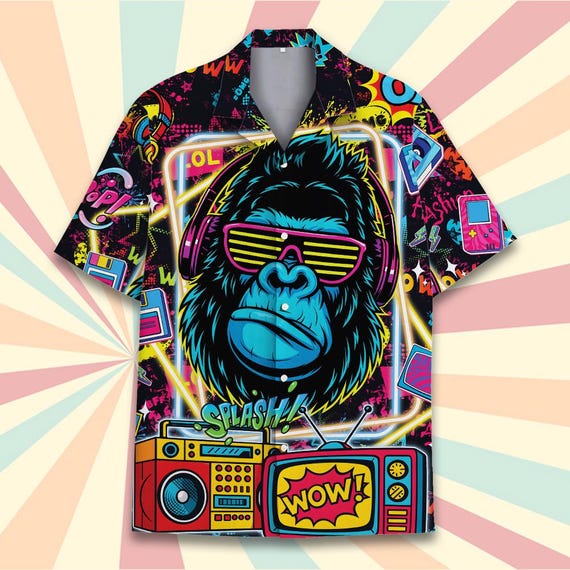 Funny Bigfoot Neon Gorilla Hawaiian Shirt for Men Women Youth, 80s