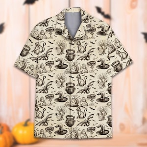 May include: Short-sleeved button-down shirt with a beige background and a repeating Halloween-themed pattern. The pattern includes black bats, witch hats, pumpkins, cats, cauldrons, and tombstones with "Happy Halloween" signs.