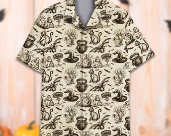 May include: Short-sleeved button-down shirt featuring a beige backdrop and a repeating Halloween pattern. The design includes black bats, witch hats, pumpkins, cats, cauldrons, and tombstones with "Happy Halloween" signs.